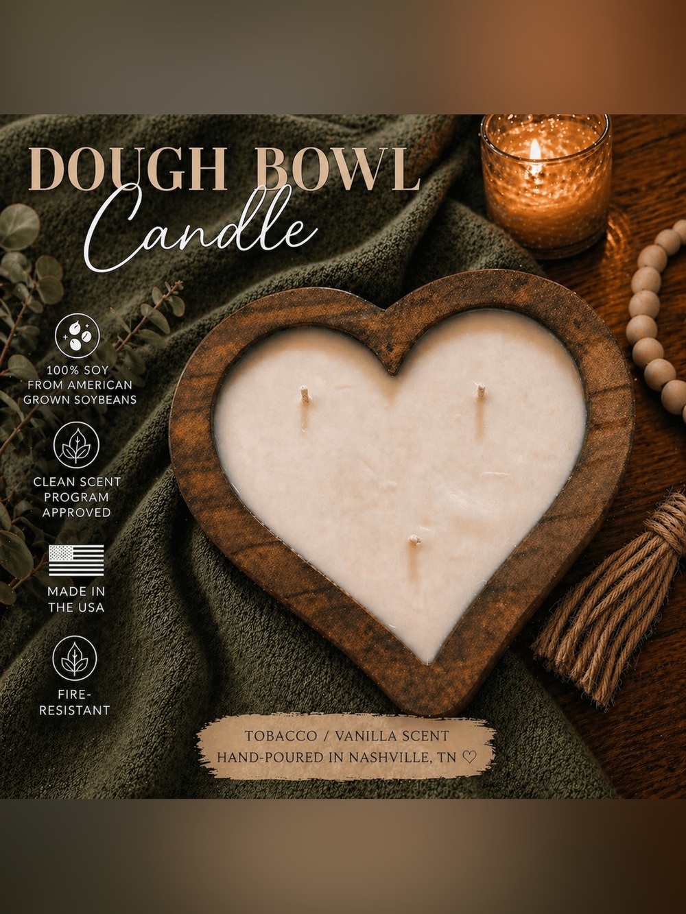 Tobacco & Vanilla Heart Dough Bowl Candle | Mother’s Day Gift | Handmade USA